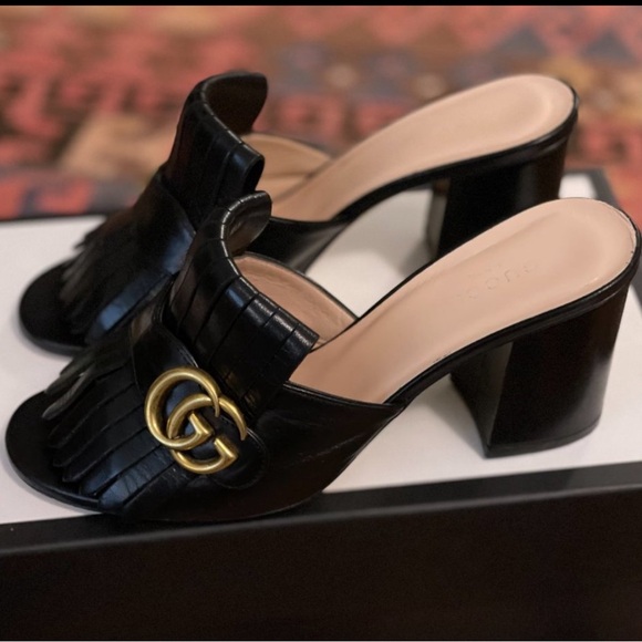 Gucci Black Leather GG Marmont Fringe Detail Open Toe Sandals Size 38.5 - Picture 5 of 9
